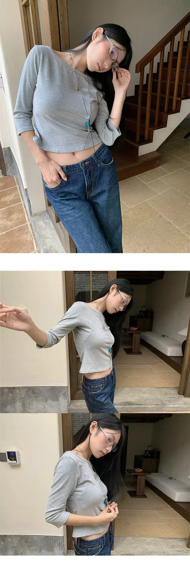 [9Hour] American Sweet and Spicy Style Right Shoulder T-Shirt for Women 2025 Autum Versatile Mid-Sleeve Micro-Elastic Top for Women C250635 — feature 11
