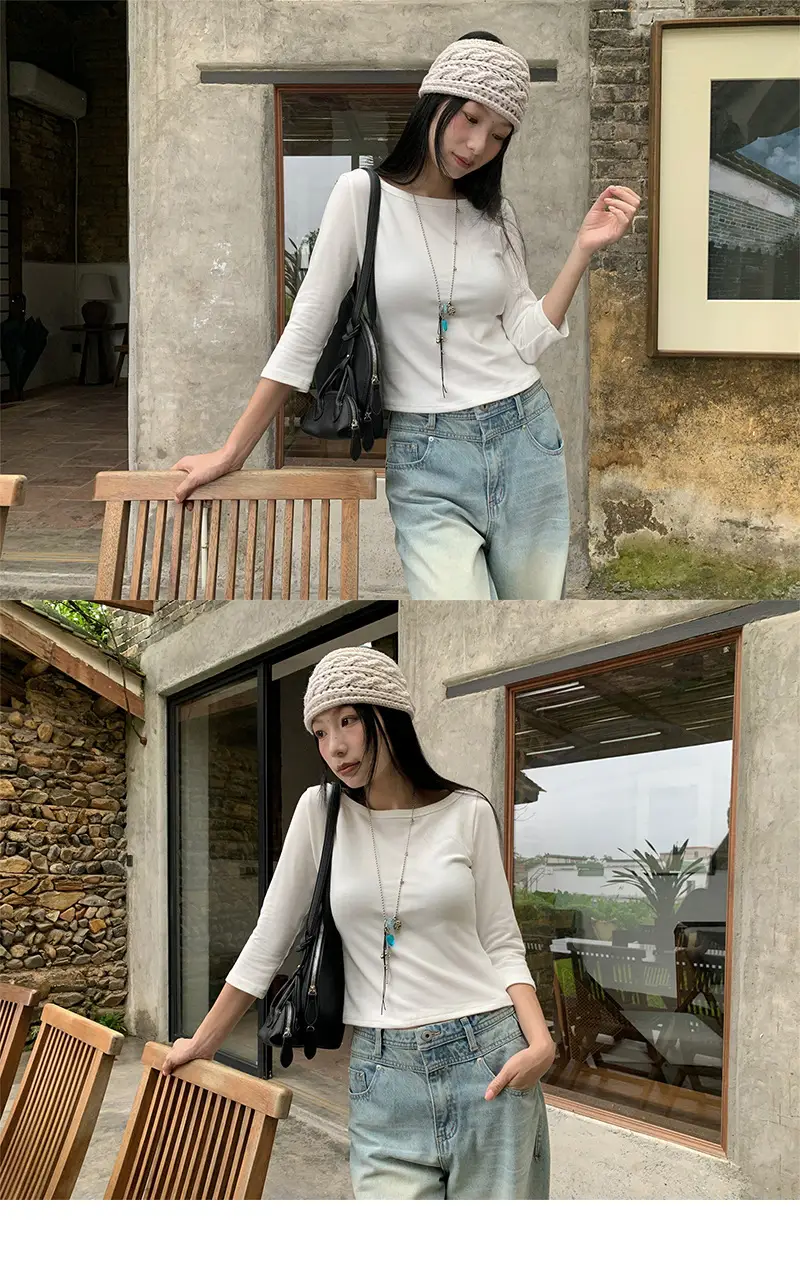 [9Hour] American Sweet and Spicy Style Right Shoulder T-Shirt for Women 2025 Autum Versatile Mid-Sleeve Micro-Elastic Top for Women C250635 — feature 17