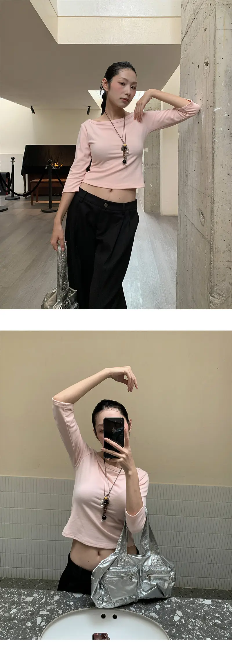 [9Hour] American Sweet and Spicy Style Right Shoulder T-Shirt for Women 2025 Autum Versatile Mid-Sleeve Micro-Elastic Top for Women C250635 — feature 27