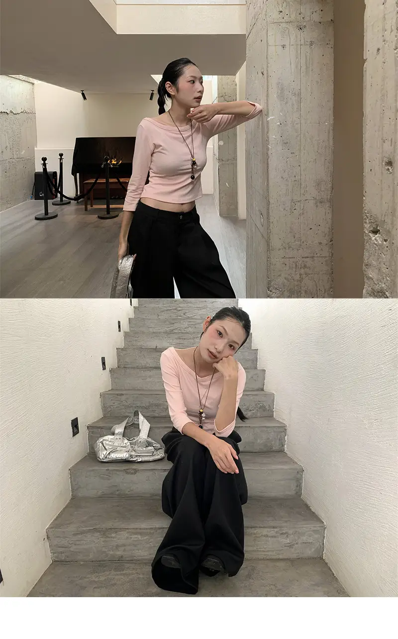 [9Hour] American Sweet and Spicy Style Right Shoulder T-Shirt for Women 2025 Autum Versatile Mid-Sleeve Micro-Elastic Top for Women C250635 — feature 29