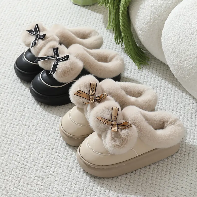 Cotton Slippers for Women at Home, Warm Bow-Knot Leather Cotton Slippers for Outer Wear, Thick-Soled Thick-Soled Bestie Warm Slippers - Image 8