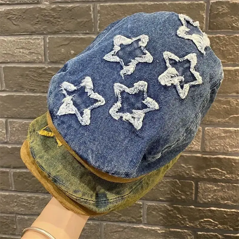 Vintage Denim Duckbill Cap for Women Embroidered Beret - Image 16