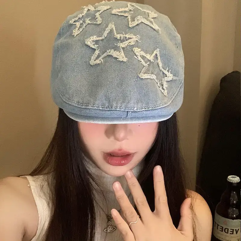 Vintage Denim Duckbill Cap for Women Embroidered Beret — feature 11