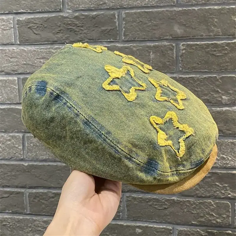 Vintage Denim Duckbill Cap for Women Embroidered Beret — feature 7