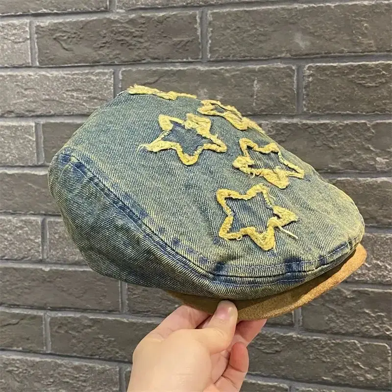 Vintage Denim Duckbill Cap for Women Embroidered Beret — feature 8