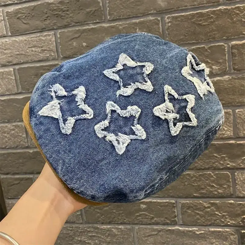 Vintage Denim Duckbill Cap for Women Embroidered Beret - Image 3