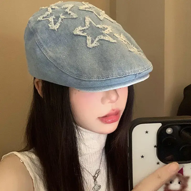 Vintage Denim Duckbill Cap for Women Embroidered Beret - Image 4