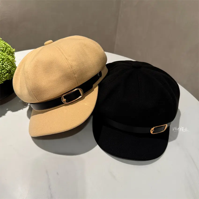 Women Leather Belted Octagonal Cap Brown Winter Warm - Image 4