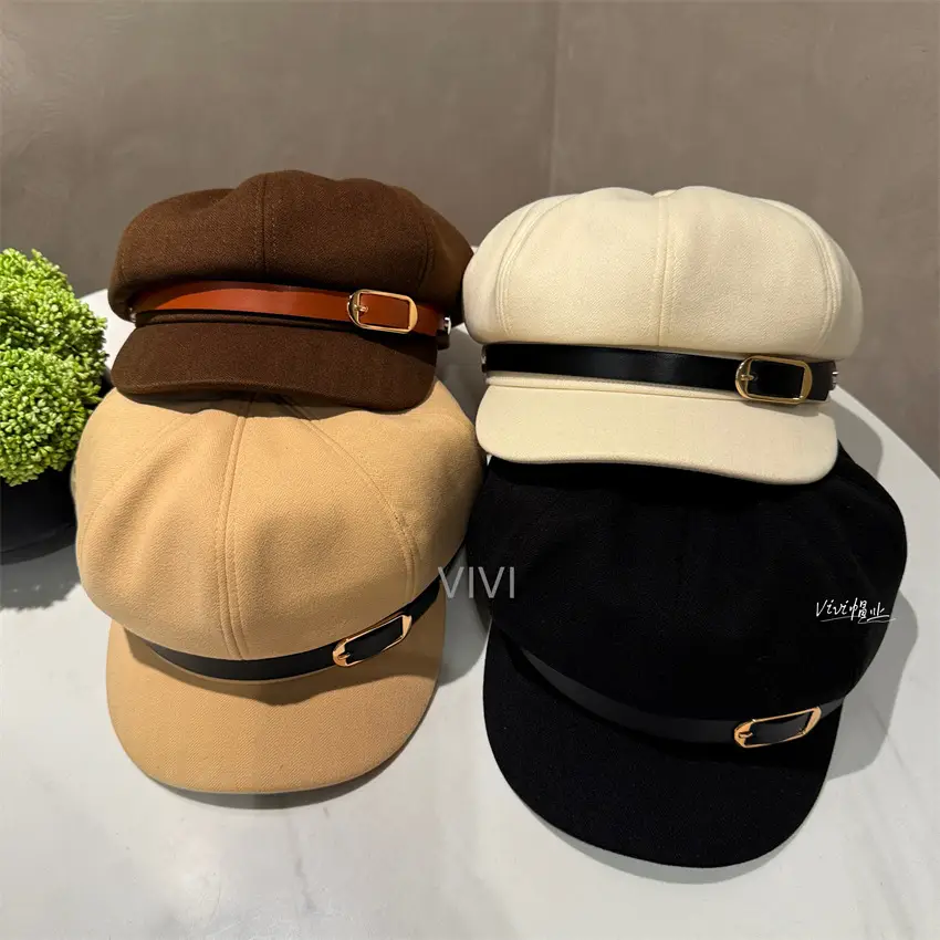 Women Leather Belted Octagonal Cap Brown Winter Warm - Image 5