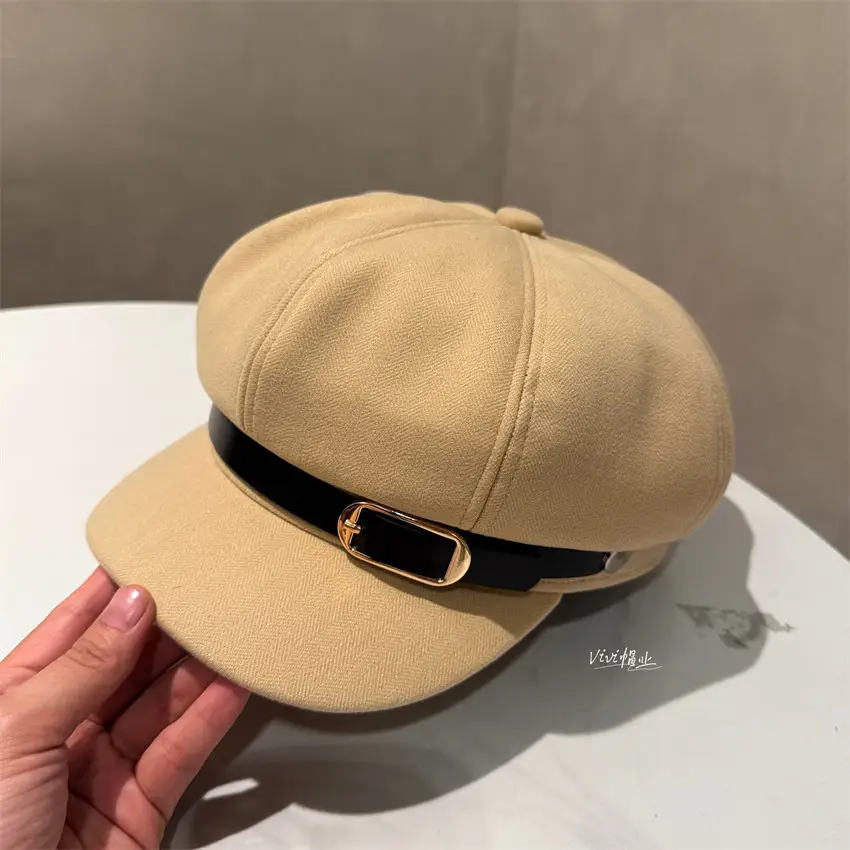 Women Leather Belted Octagonal Cap Brown Winter Warm - Image 2