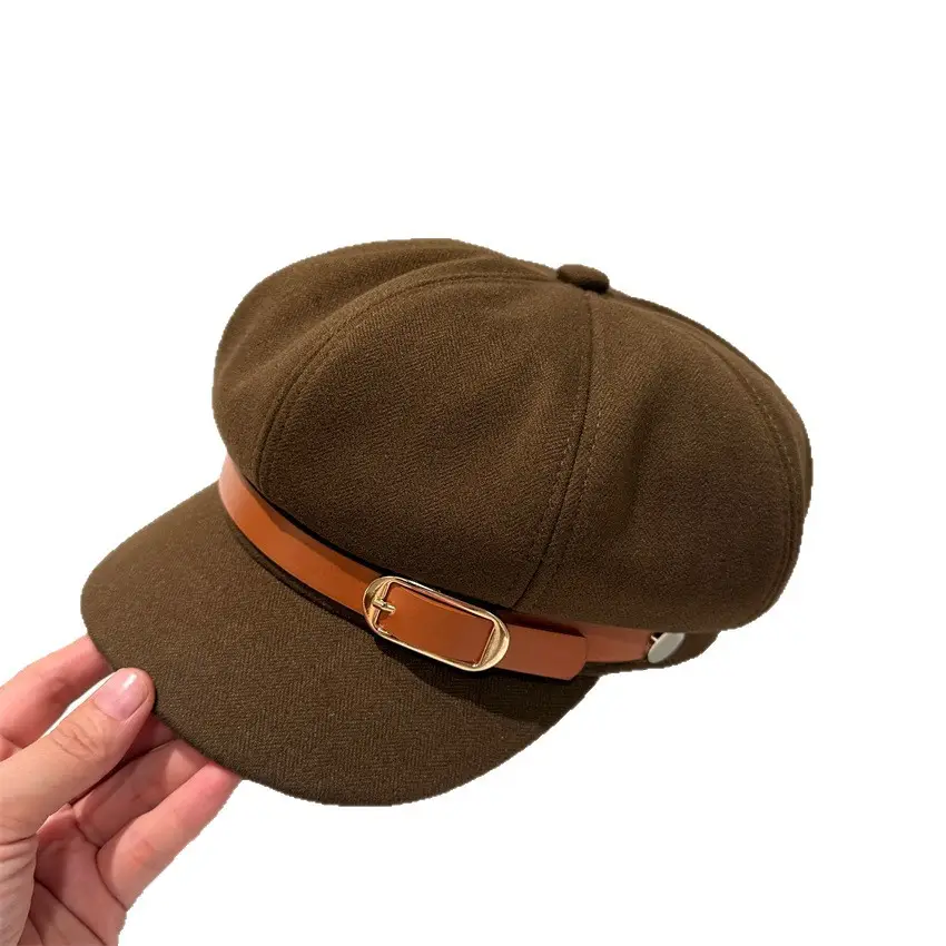 Women Leather Belted Octagonal Cap Brown Winter Warm - Image 7