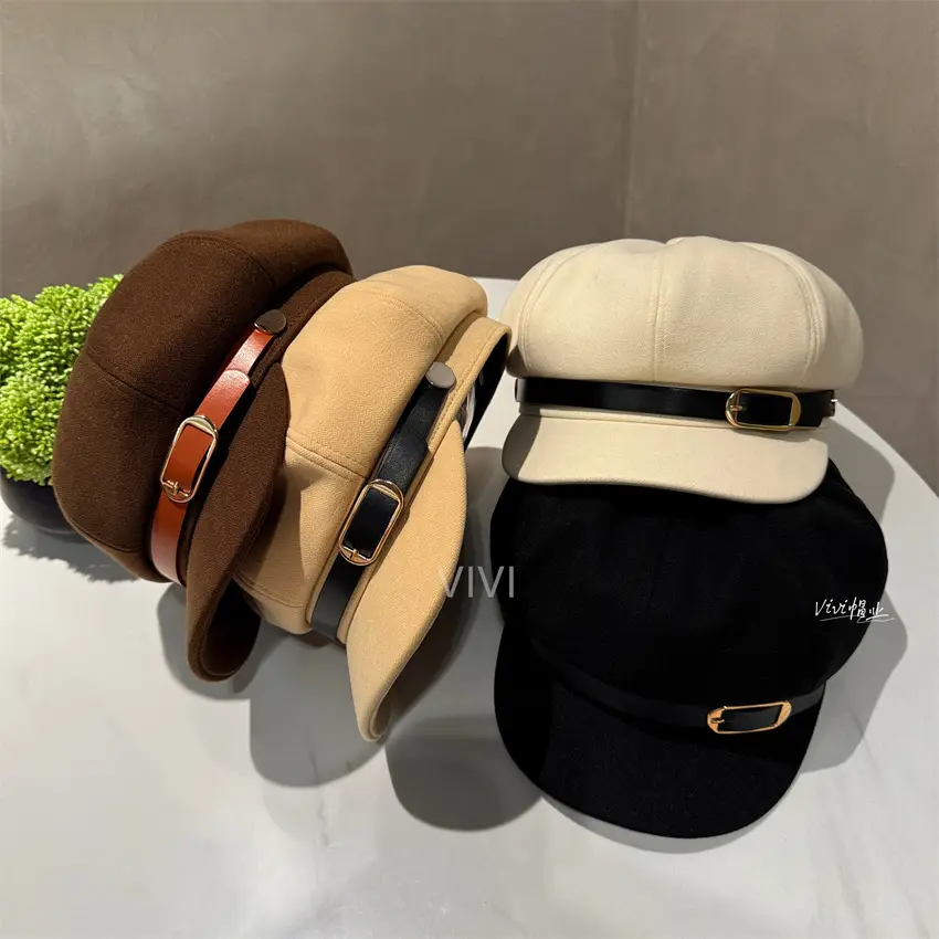 Women Leather Belted Octagonal Cap Brown Winter Warm — feature 2