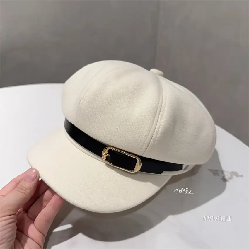 Women Leather Belted Octagonal Cap Brown Winter Warm — feature 8