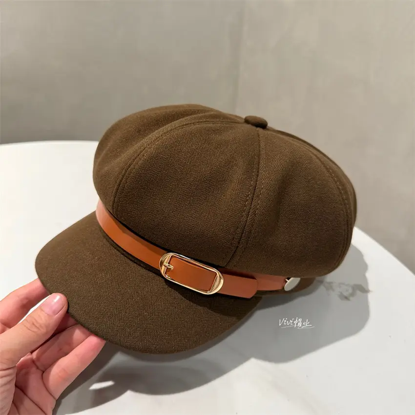 Women Leather Belted Octagonal Cap Brown Winter Warm - Image 3