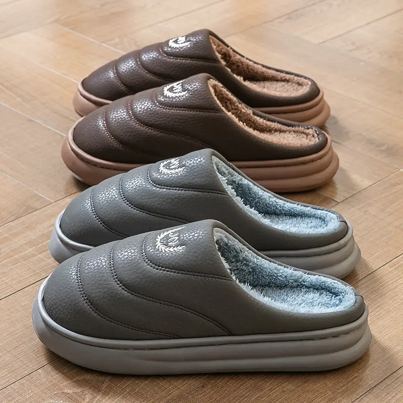 Extra Large Size 50 Slippers with a Soft, Faux Pu Leather Feel, Men's Autumn and Winter Indoor Home Warm Plush Slippers - Image 5