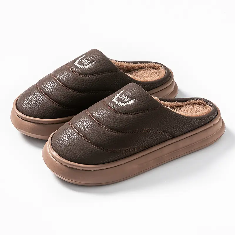 Extra Large Size 50 Slippers with a Soft, Faux Pu Leather Feel, Men's Autumn and Winter Indoor Home Warm Plush Slippers - Image 2