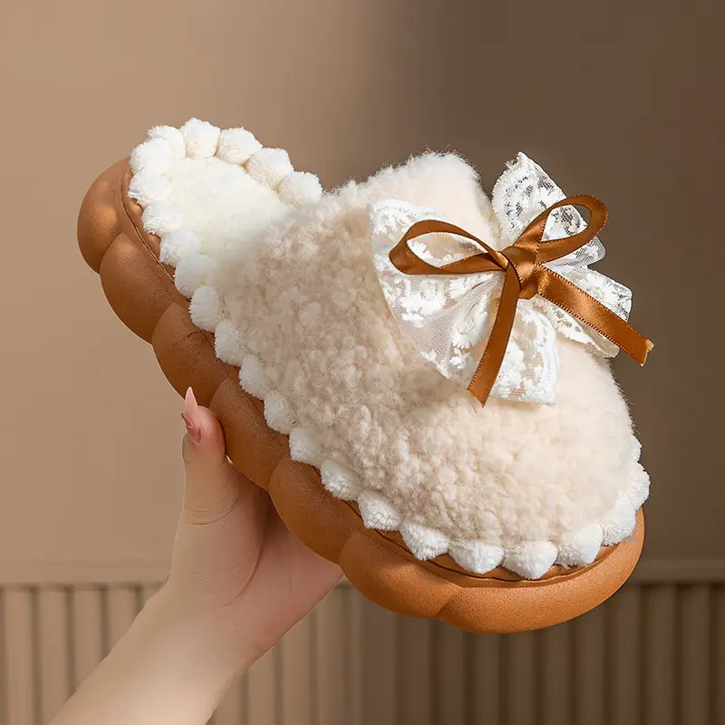Bow Cotton Slippers for Women in Autumn and Winter Indoor Home Thick-Soled Non-Slip Warm High-Bottom Plush Postpartum Cotton Slippers - Image 5