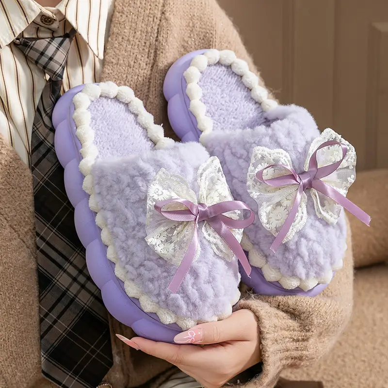 Bow Cotton Slippers for Women in Autumn and Winter Indoor Home Thick-Soled Non-Slip Warm High-Bottom Plush Postpartum Cotton Slippers - Image 7