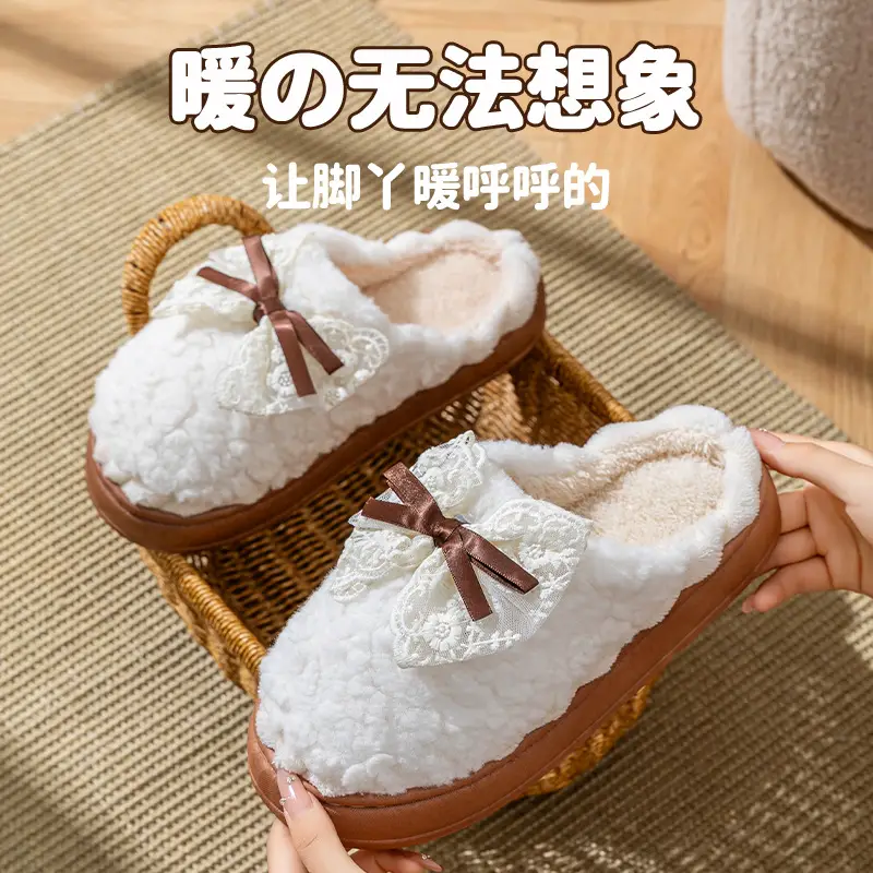Bow-Knot Cotton Slippers for Women, Winter Fleece-Lined, Warm, Non-Slip, Maternity Shoes, Indoor Home Thick-Soled Plush Slippers