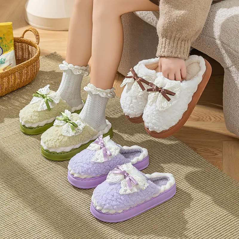 Bow-Knot Cotton Slippers for Women, Winter Fleece-Lined, Warm, Non-Slip, Maternity Shoes, Indoor Home Thick-Soled Plush Slippers