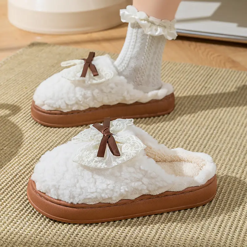 Bow-Knot Cotton Slippers for Women, Winter Fleece-Lined, Warm, Non-Slip, Maternity Shoes, Indoor Home Thick-Soled Plush Slippers
