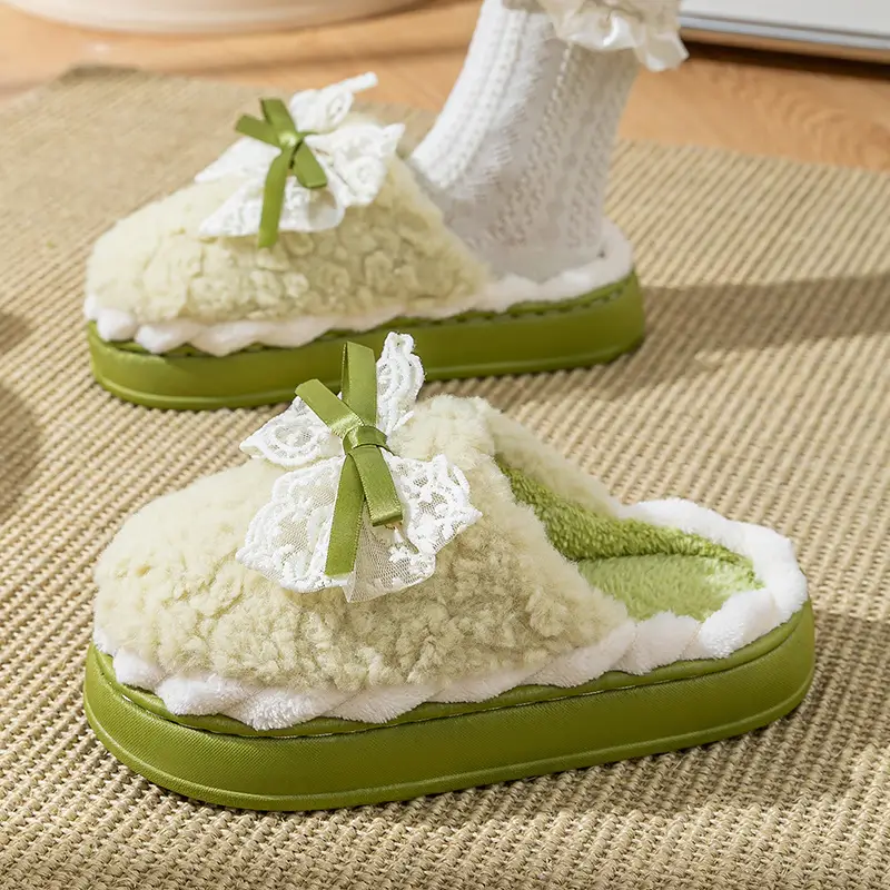 Bow-Knot Cotton Slippers for Women, Winter Fleece-Lined, Warm, Non-Slip, Maternity Shoes, Indoor Home Thick-Soled Plush Slippers