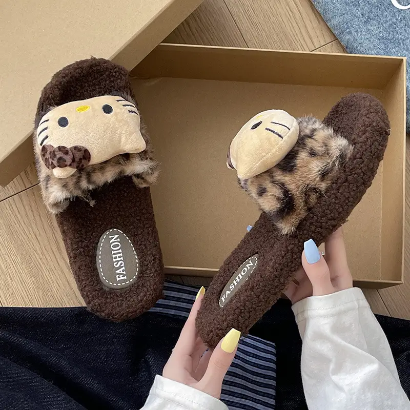 Cross-Border 2025 New Autumn and Winter Leopard Print Fur Slippers for Women's Home Warm and Cute Soft-Soled Cotton Slippers for Women's Outer Wear