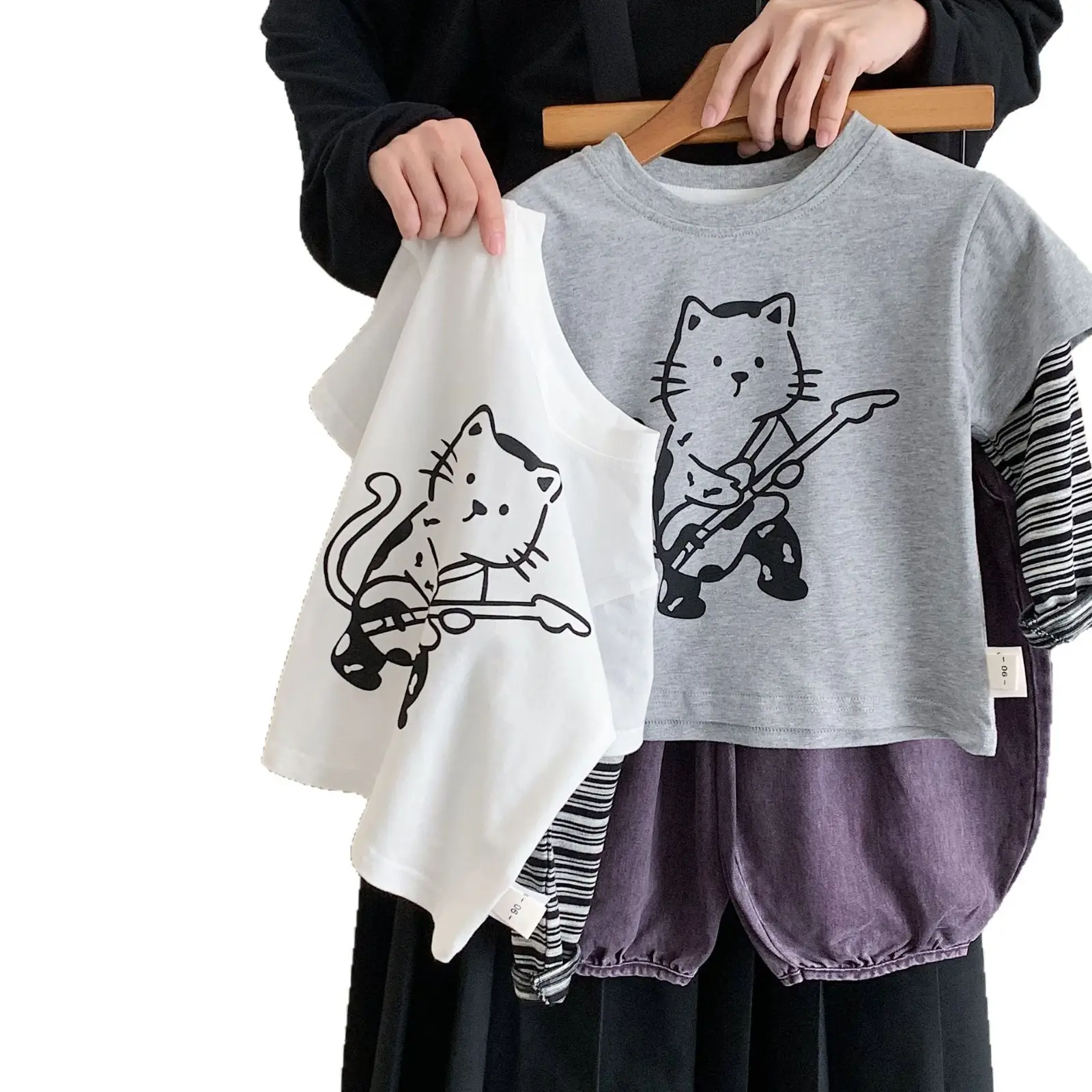Kids Cat Print 2-Piece Sweatshirt Set White Purple