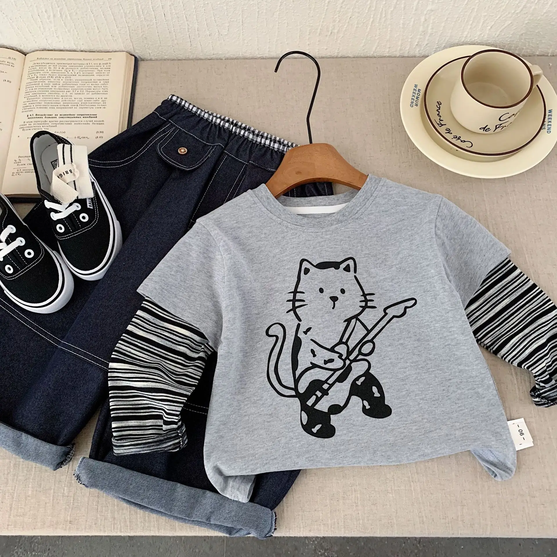 Kids Cat Print 2-Piece Sweatshirt Set White Purple