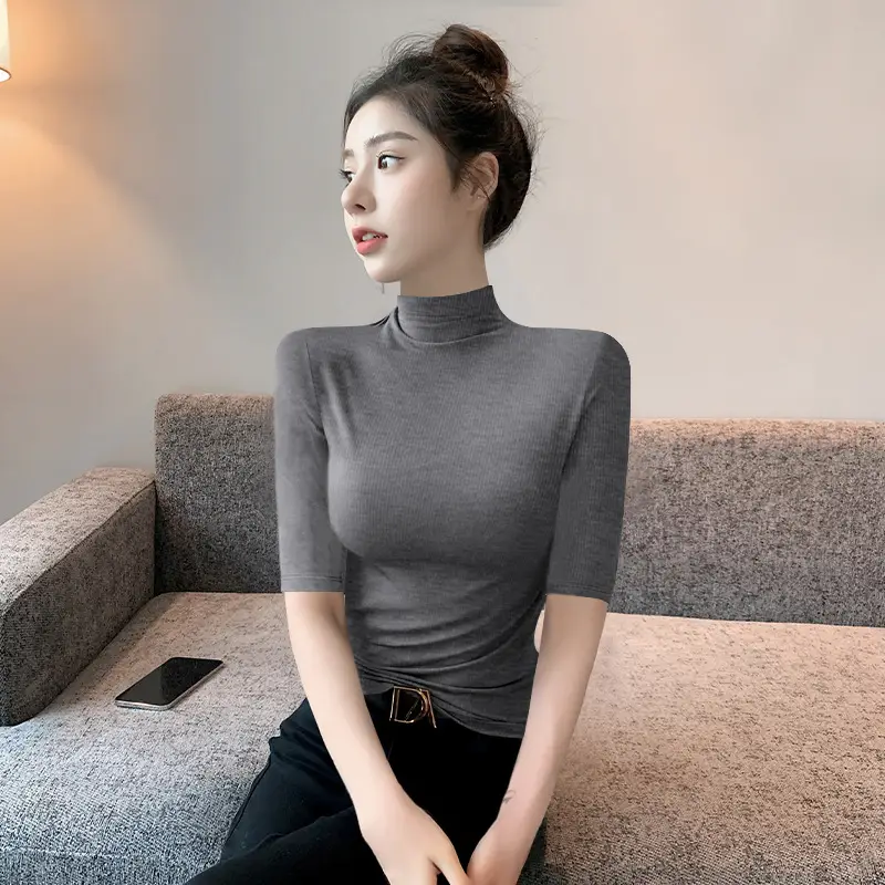 Black Ribbed Half-High Collar Mid-Sleeve Base Shirt for Women, Slim-Fit T-Shirt That Enhances the Figure, Stylish Five-Quarter Sleeve Top
