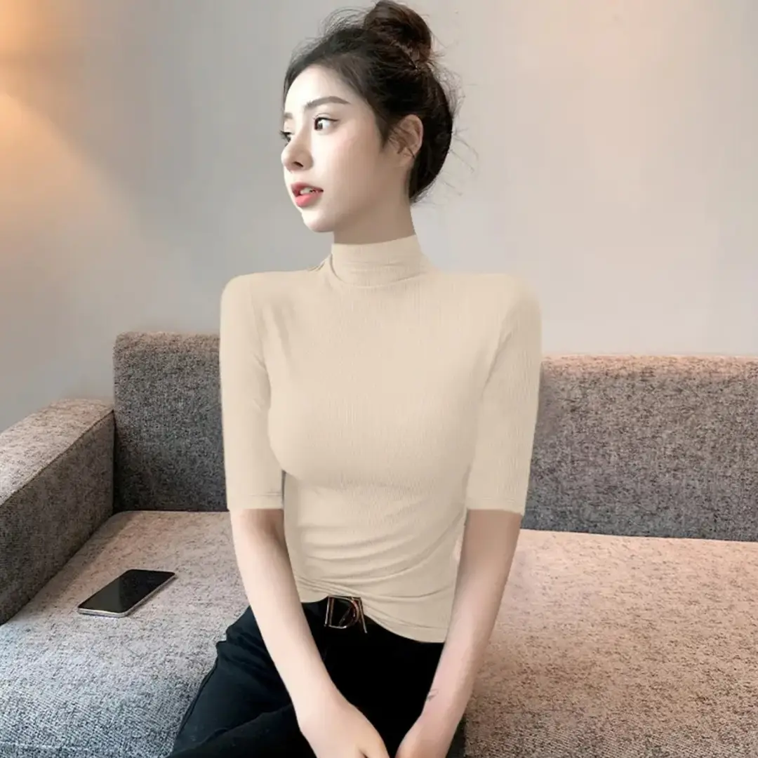 Black Ribbed Half-High Collar Mid-Sleeve Base Shirt for Women, Slim-Fit T-Shirt That Enhances the Figure, Stylish Five-Quarter Sleeve Top