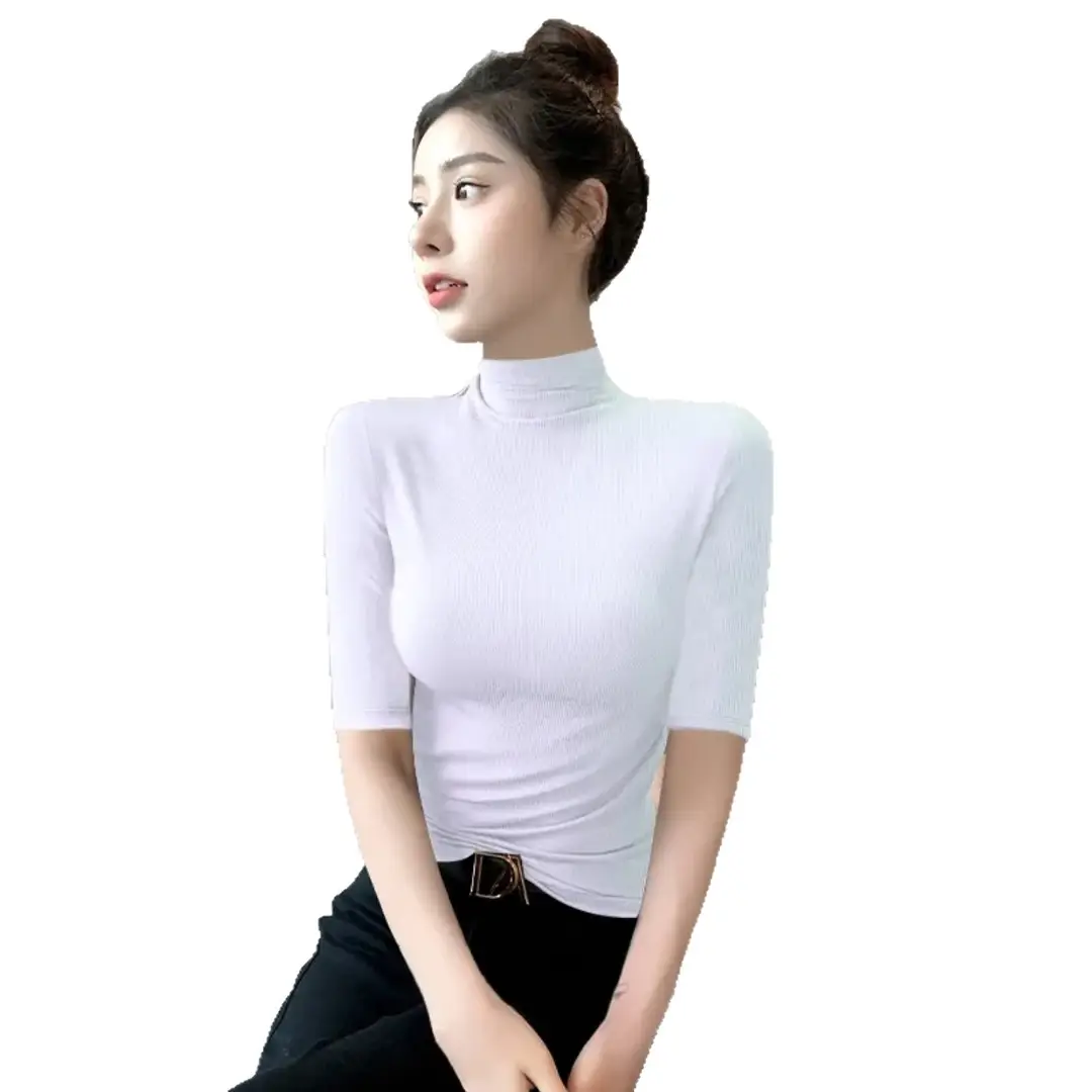 Black Ribbed Half-High Collar Mid-Sleeve Base Shirt for Women, Slim-Fit T-Shirt That Enhances the Figure, Stylish Five-Quarter Sleeve Top