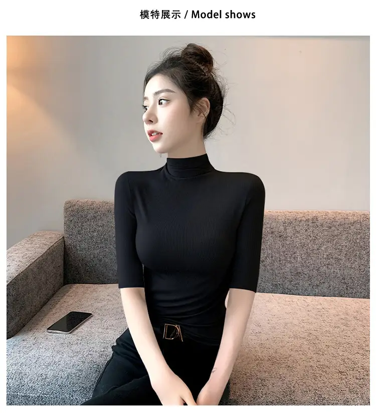 Black Ribbed Half-High Collar Mid-Sleeve Base Shirt for Women, Slim-Fit T-Shirt That Enhances the Figure, Stylish Five-Quarter Sleeve Top — feature 4