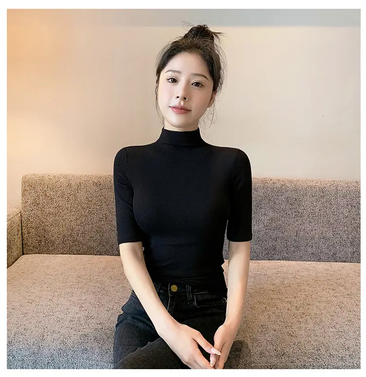 Black Ribbed Half-High Collar Mid-Sleeve Base Shirt for Women, Slim-Fit T-Shirt That Enhances the Figure, Stylish Five-Quarter Sleeve Top — feature 5