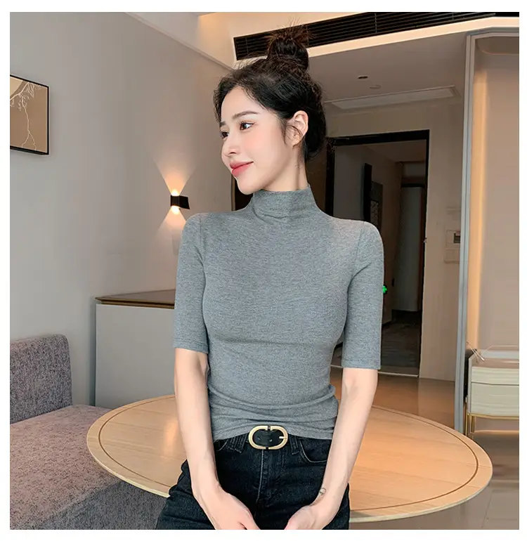 Black Ribbed Half-High Collar Mid-Sleeve Base Shirt for Women, Slim-Fit T-Shirt That Enhances the Figure, Stylish Five-Quarter Sleeve Top — feature 8