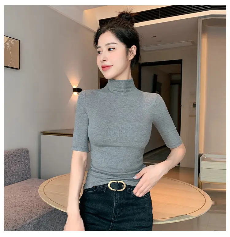 Black Ribbed Half-High Collar Mid-Sleeve Base Shirt for Women, Slim-Fit T-Shirt That Enhances the Figure, Stylish Five-Quarter Sleeve Top — feature 9