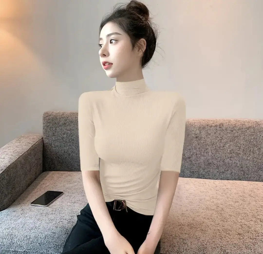 Black Ribbed Half-High Collar Mid-Sleeve Base Shirt for Women, Slim-Fit T-Shirt That Enhances the Figure, Stylish Five-Quarter Sleeve Top