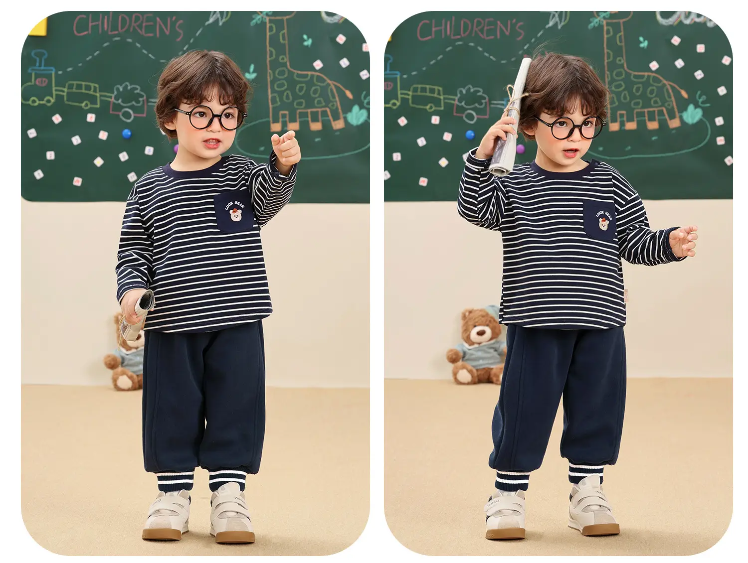 Kaka Panda Boys Long Sleeve T-Shirt Set Blue Striped — feature 8