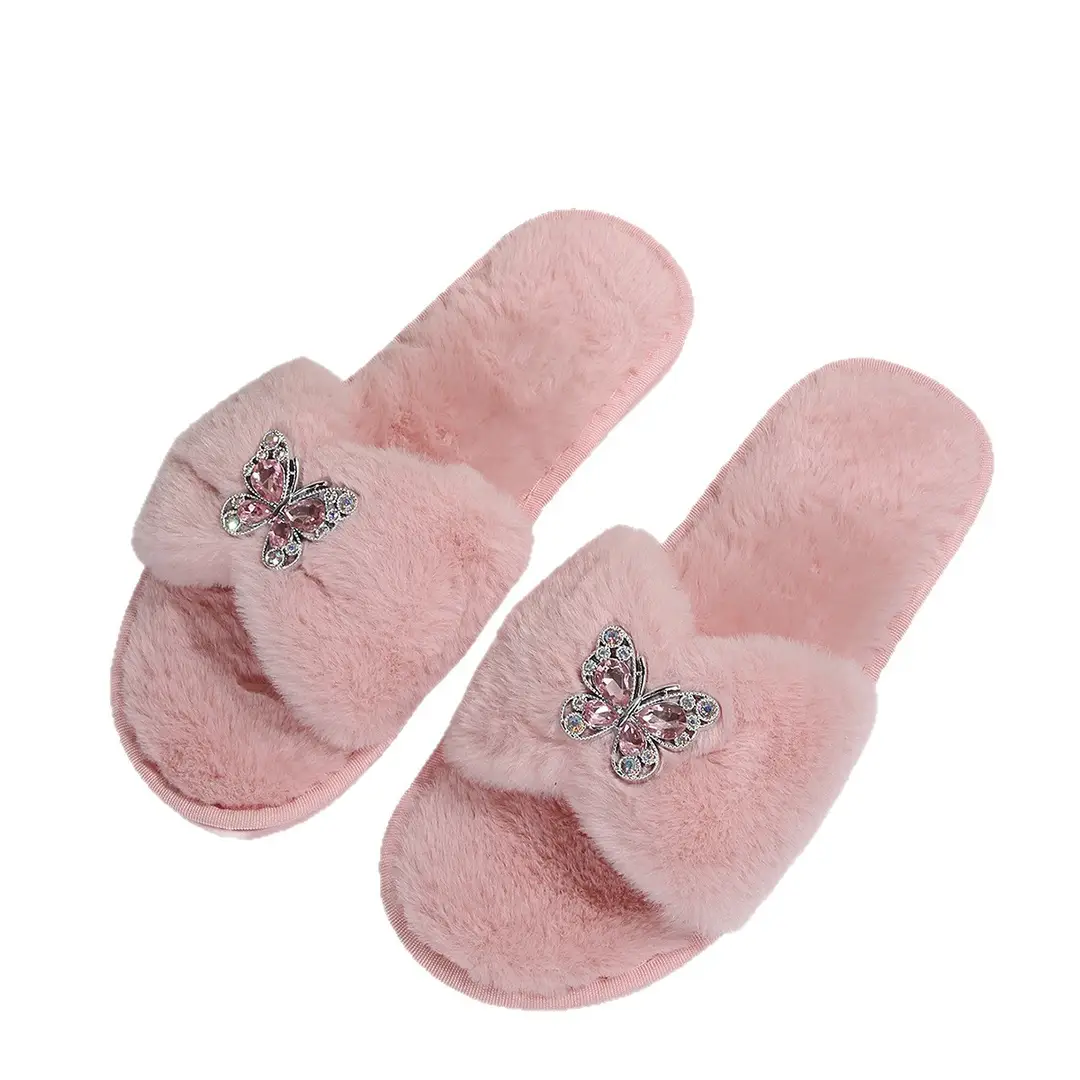 Cross-Border Rhinestone Butterfly Fur Slippers for Women Foreign Trade Large Size New Home Indoor and Outdoor Warm Fashion Cotton Slippers for Women
