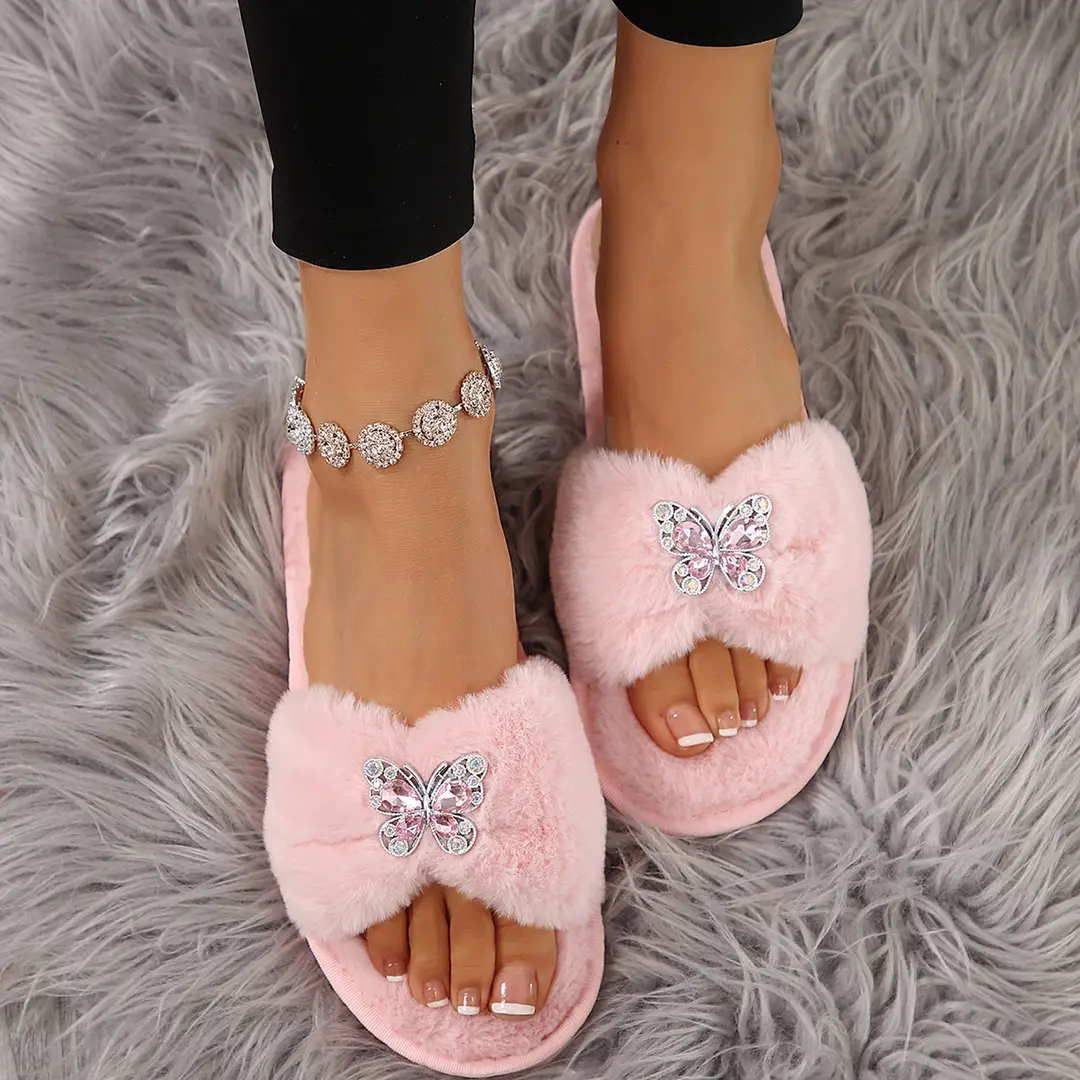 Cross-Border Rhinestone Butterfly Fur Slippers for Women Foreign Trade Large Size New Home Indoor and Outdoor Warm Fashion Cotton Slippers for Women — feature 10