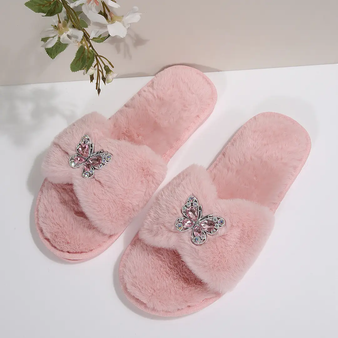 Cross-Border Rhinestone Butterfly Fur Slippers for Women Foreign Trade Large Size New Home Indoor and Outdoor Warm Fashion Cotton Slippers for Women — feature 13