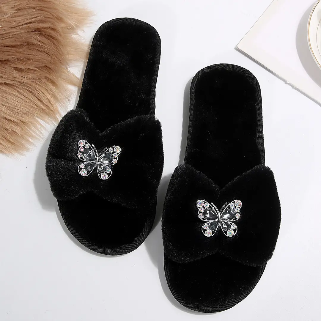 Cross-Border Rhinestone Butterfly Fur Slippers for Women Foreign Trade Large Size New Home Indoor and Outdoor Warm Fashion Cotton Slippers for Women — feature 5