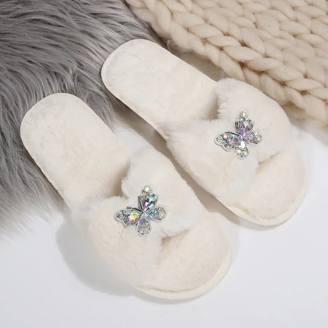 Cross-Border Rhinestone Butterfly Fur Slippers for Women Foreign Trade Large Size New Home Indoor and Outdoor Warm Fashion Cotton Slippers for Women — feature 9