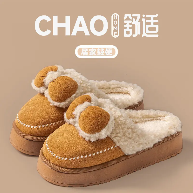 Women Velvet Bow Slippers Winter Warm Indoor