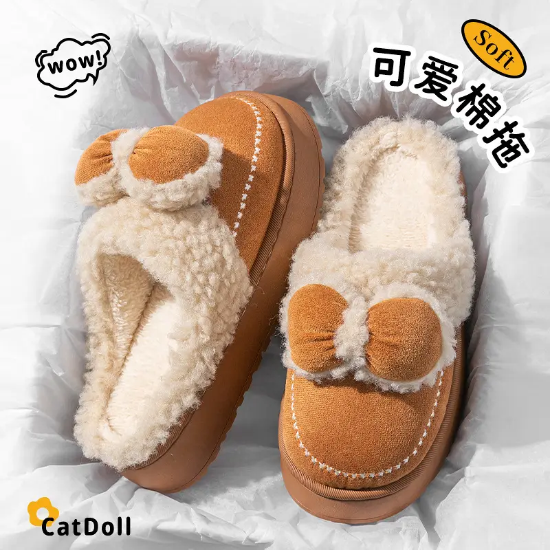 Women Velvet Bow Slippers Winter Warm Indoor