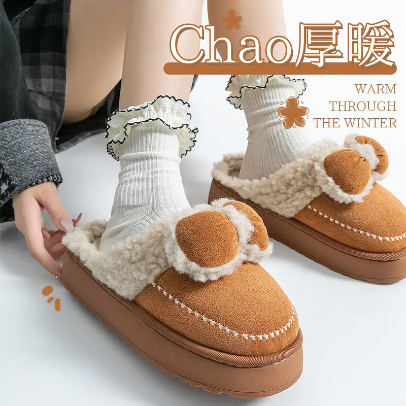 Women Velvet Bow Slippers Winter Warm Indoor