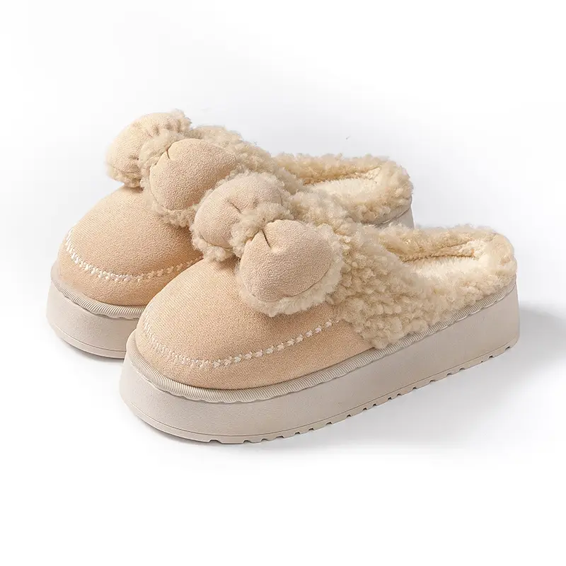 Women Velvet Bow Slippers Winter Warm Indoor