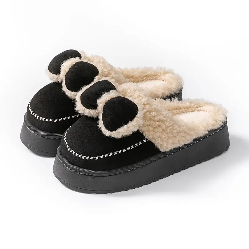 Women Velvet Bow Slippers Winter Warm Indoor