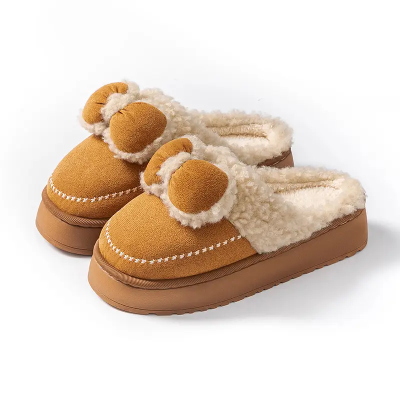 Women Velvet Bow Slippers Winter Warm Indoor