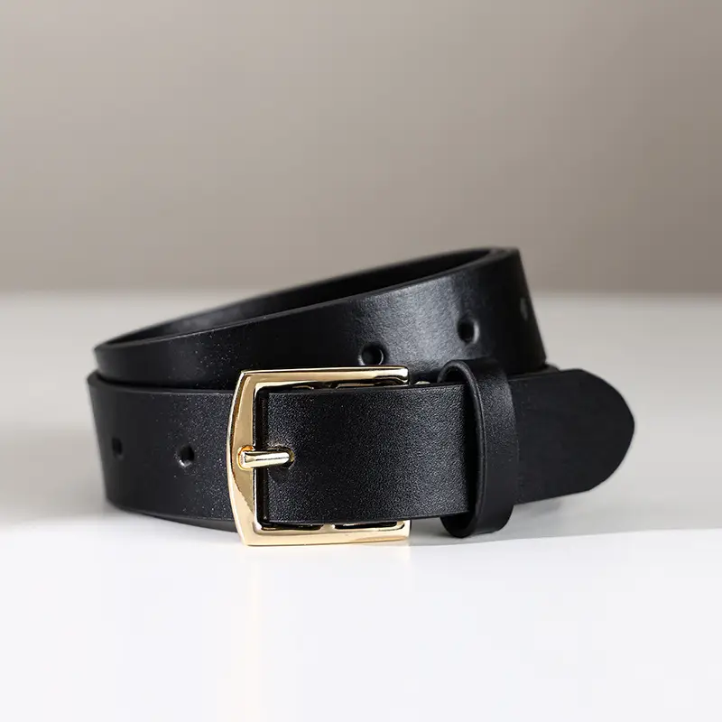 Black Genuine Leather Women's Commuter Belt with Gold Buckle